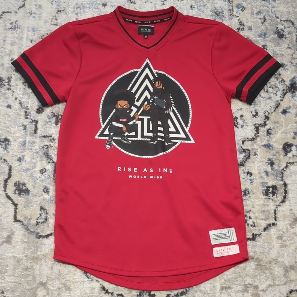 Rise As 1NE Red Graphic Jersey Tee M | Urban Streetwear Shirt Rhinestone Detail
